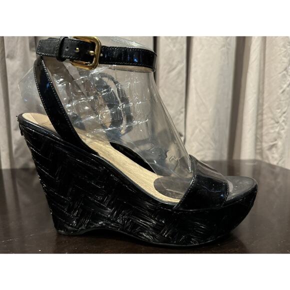Prada Platform Ankle Strap Woven Patent Leather And Raffia Wedges 39 - Picture 1 of 6